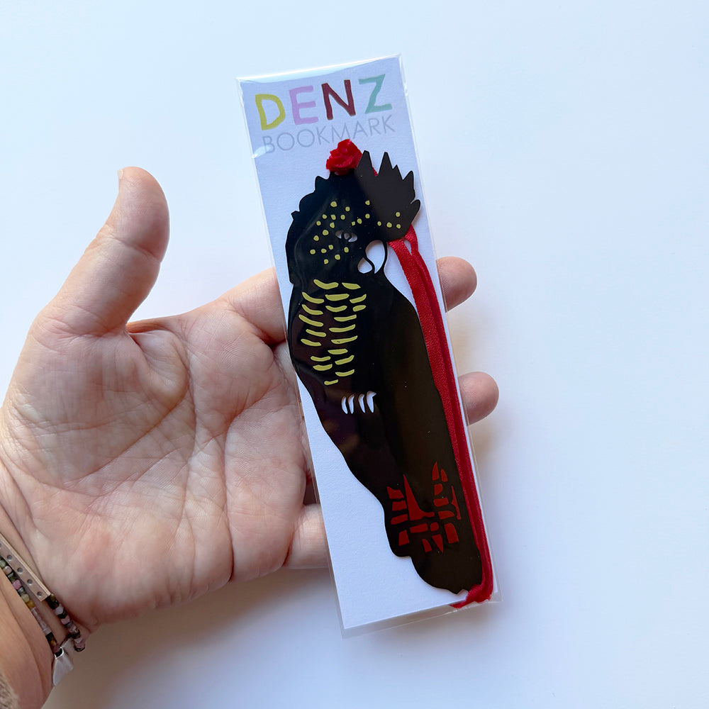 Red Tail Black Cockatoo Bookmark in Black
