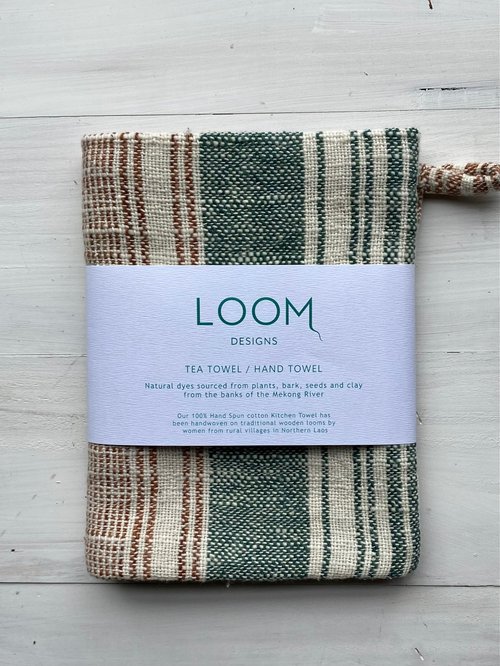 Loom Green, Mekong Clay & Natural Cotton Stripe Tea Towel