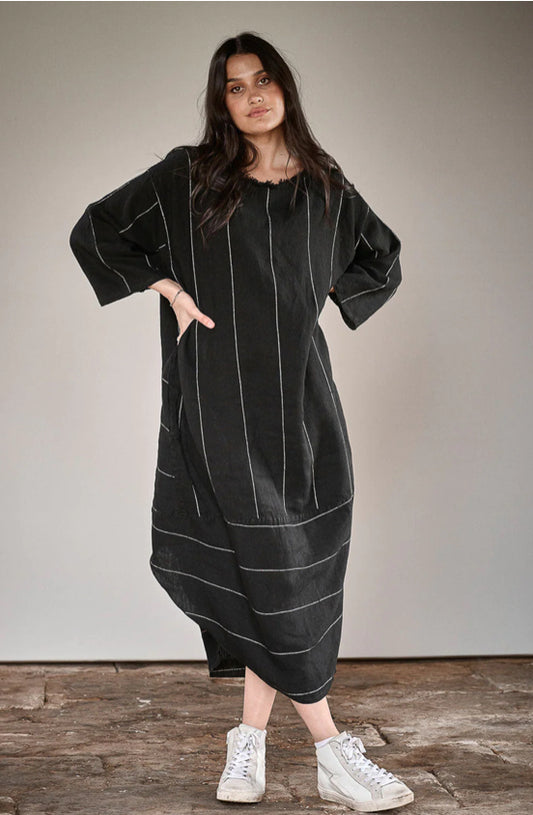 Eadie The Malle Linen Dress - Black with White Stripe