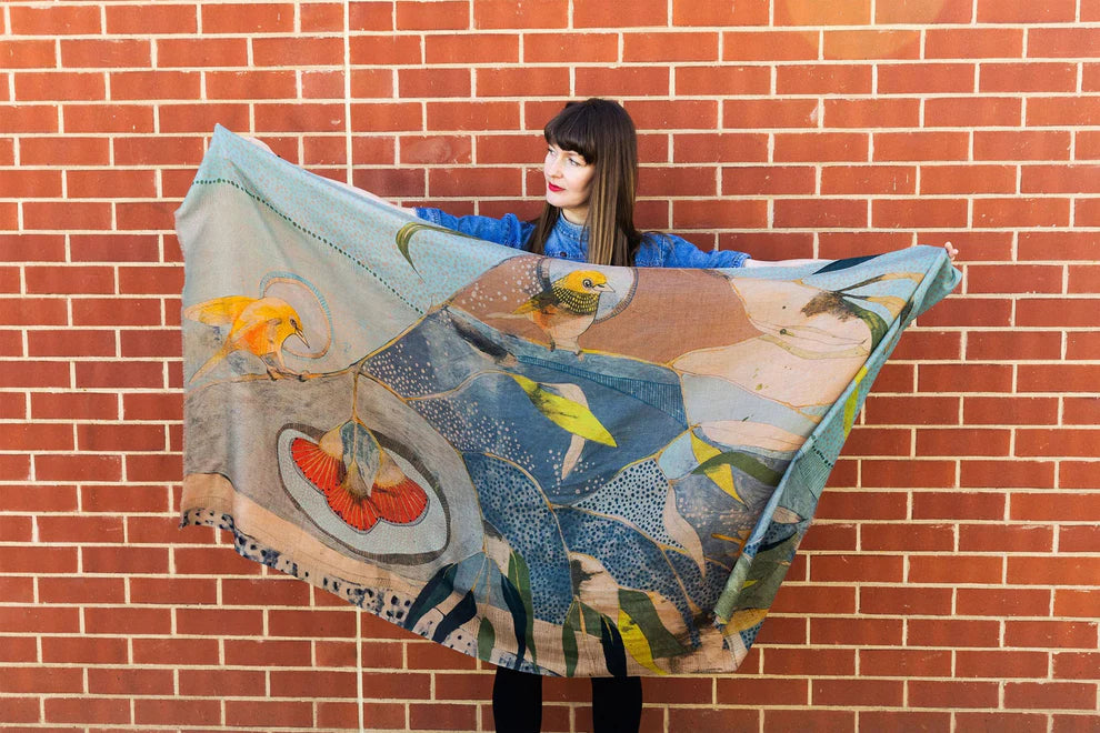 Dana Kinter "Silvereye and Eucalyptus" Cashmere Wool Scarf