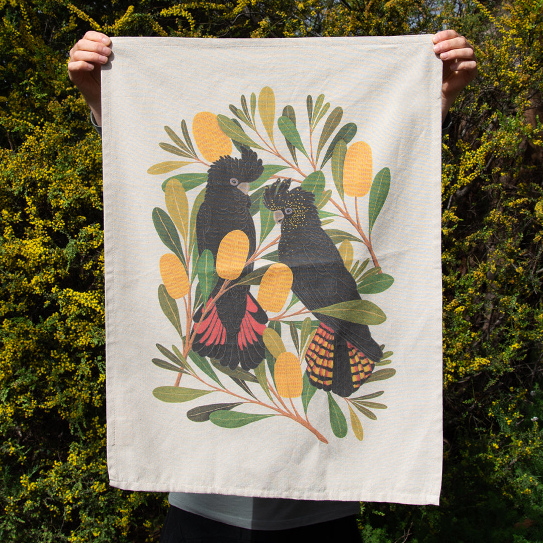 Earth Greetings Cockatoos and Banksia Tea Towel