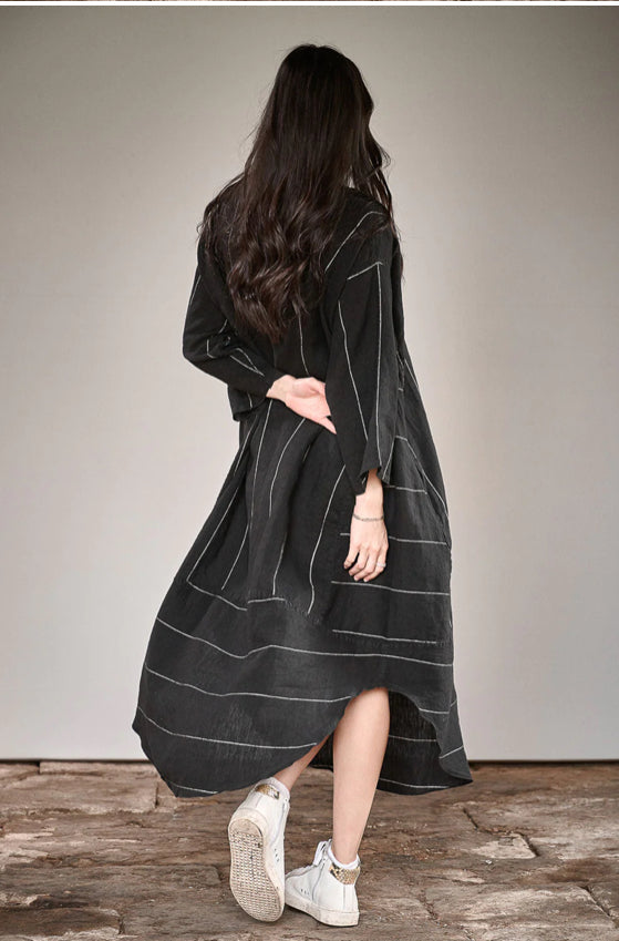 Eadie The Malle Linen Dress - Black with White Stripe