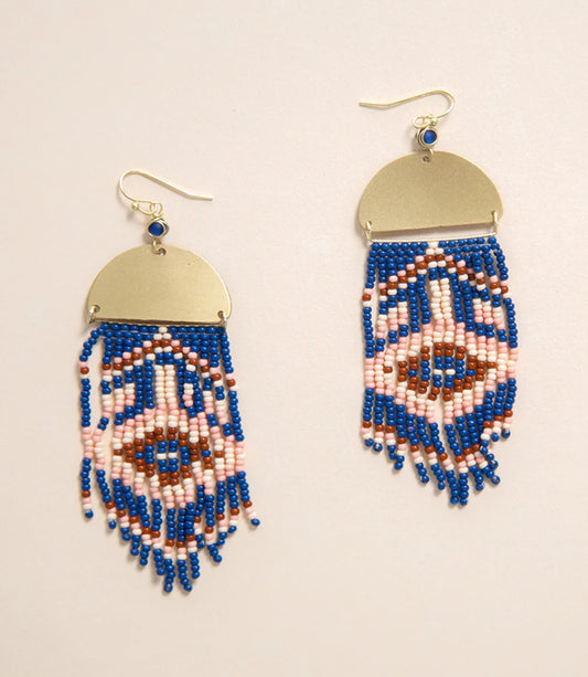 Fair Trade Wanderer Beaded Tassel Earrings - Navy and Pink