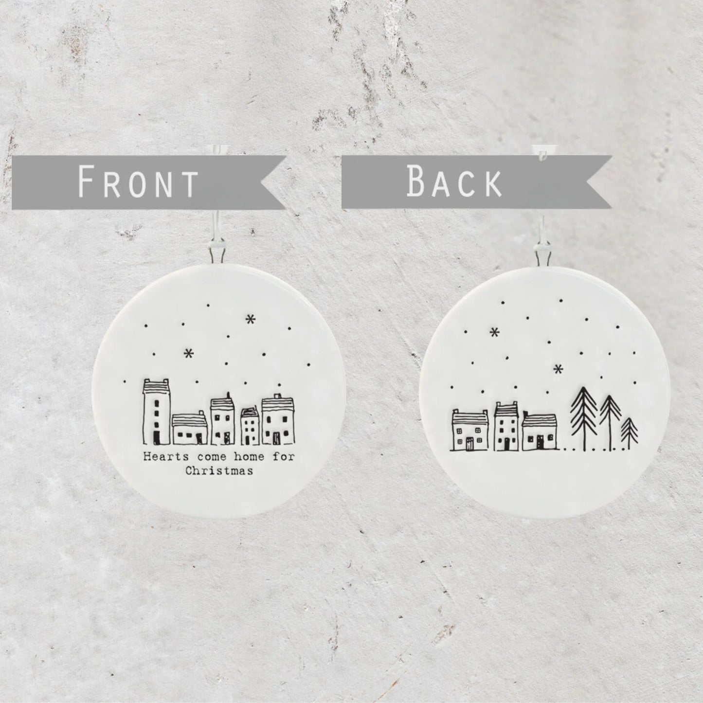 East of India Porcelain Flat Bauble - Hearts Come Home for Christmas