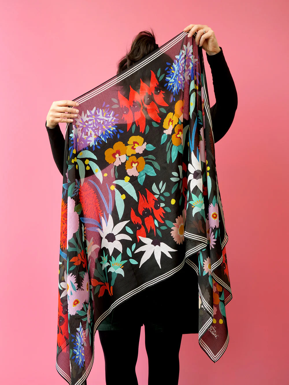 Julie White Silk Modal Rectangle Scarf - Flower Dance Black