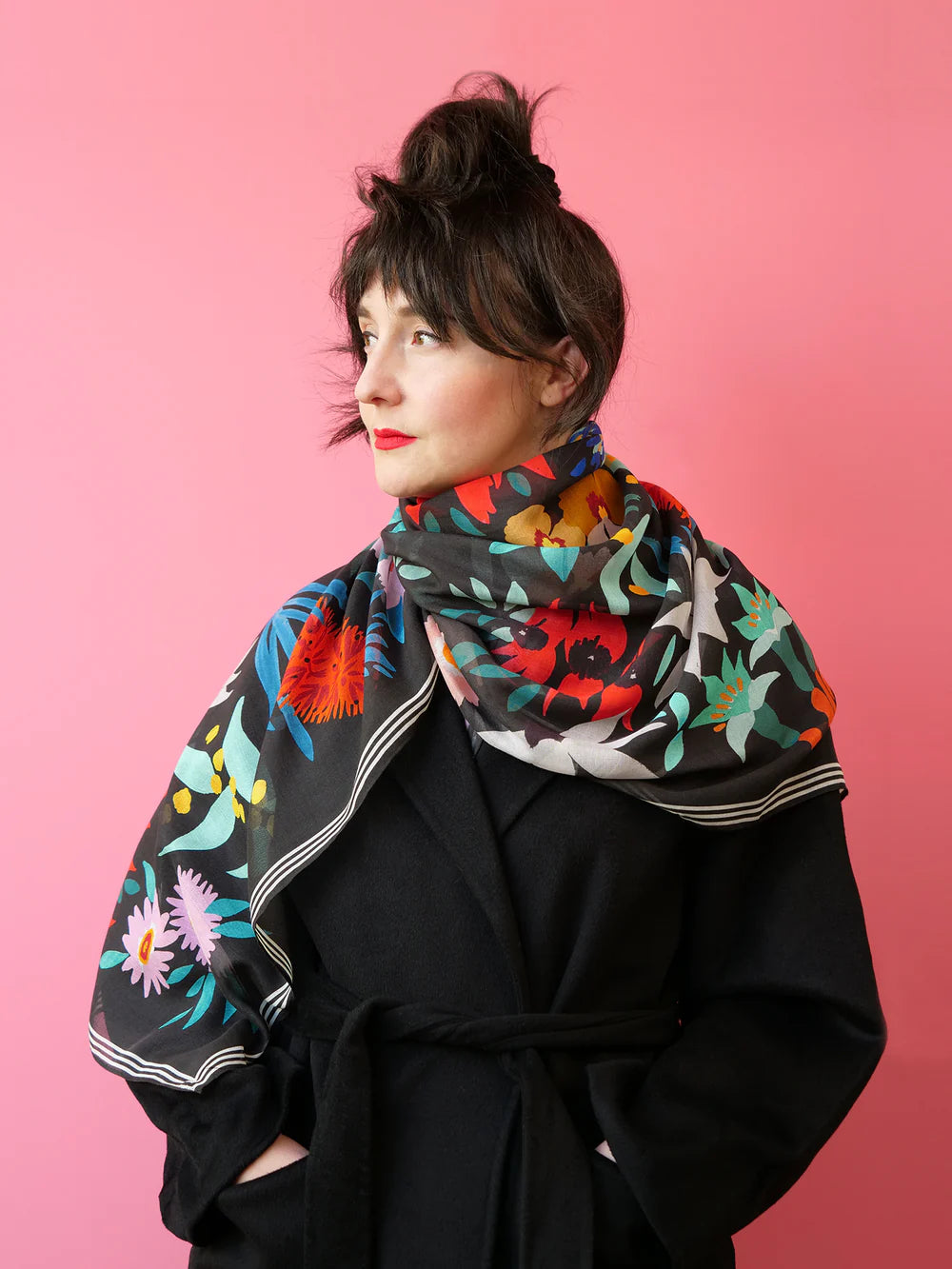 Julie White Silk Modal Rectangle Scarf - Flower Dance Black