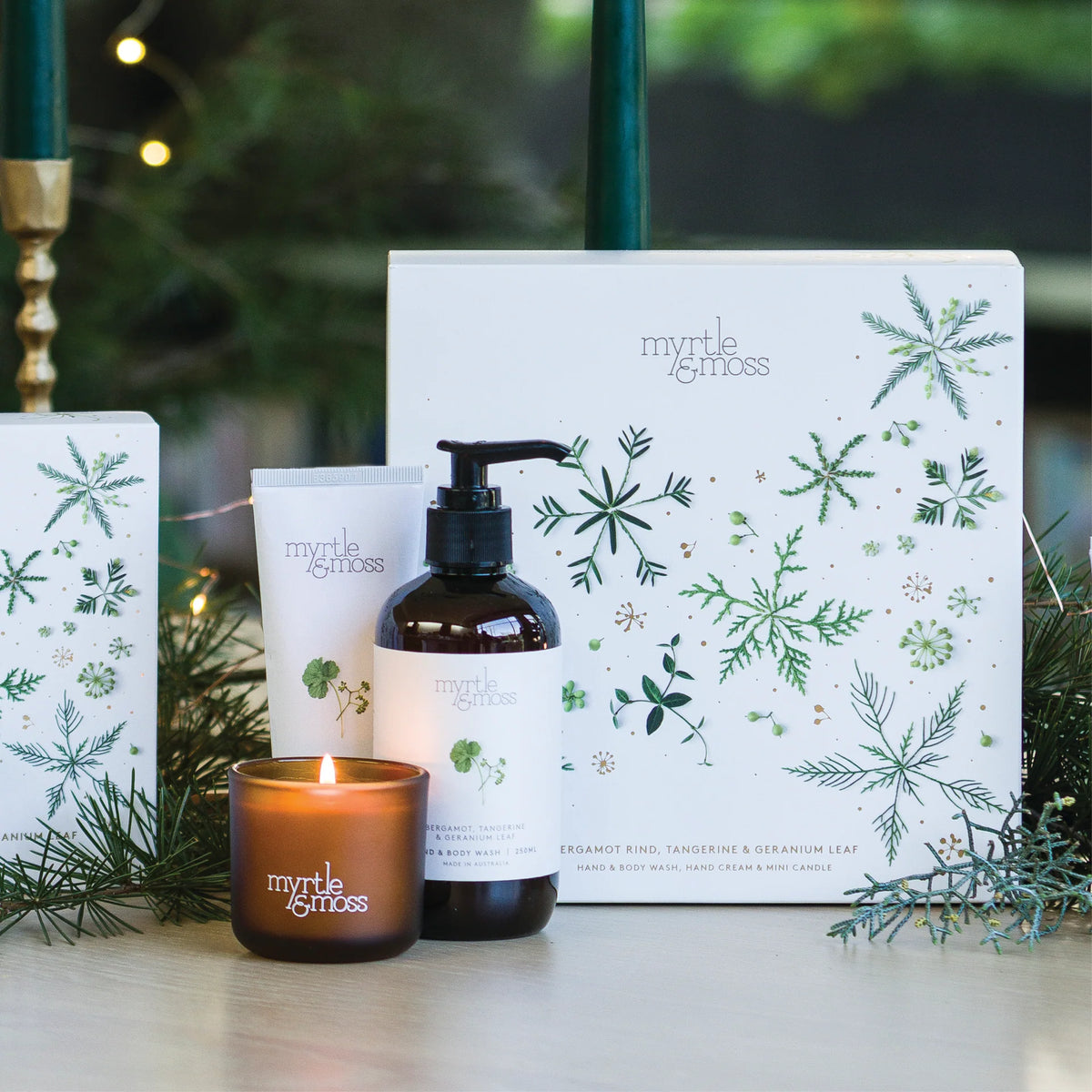 Myrtle & Moss Christmas Trio- Hand & Body Wash, Hand Cream and Mini Candle