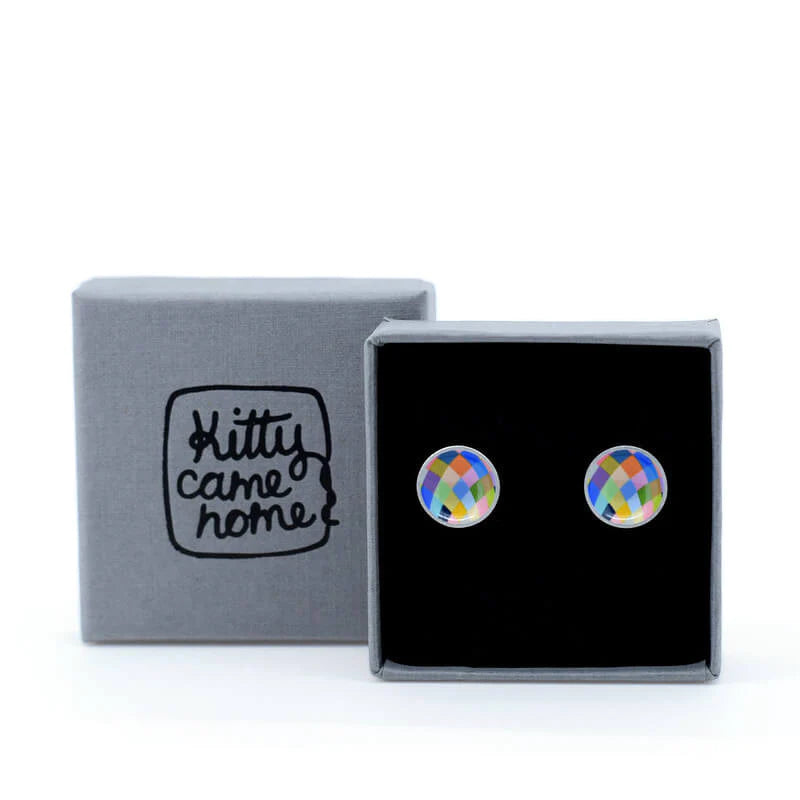 Kitty Came Home - Harlequin Lines Domed Circle Stud Earrings