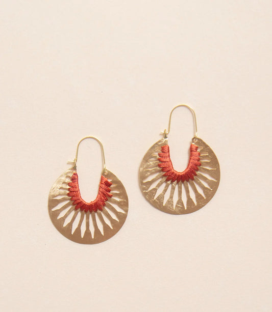 Fair Trade Jali Silk Threaded Hoop Earrings - Burnt Orange