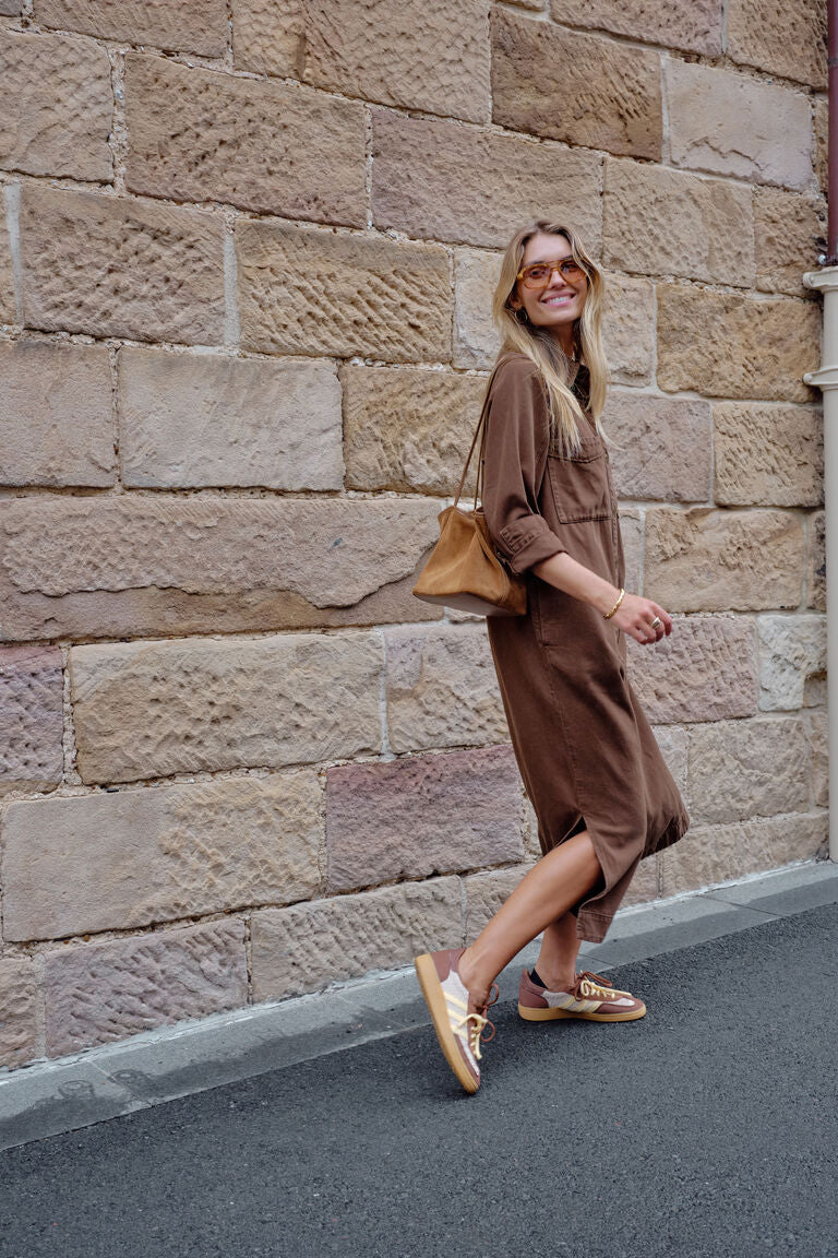 Ceres Life Rae Long Sleeve Midi Denim Dress - Chocolate