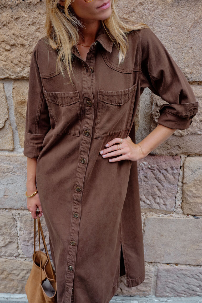 Ceres Life Rae Long Sleeve Midi Denim Dress - Chocolate
