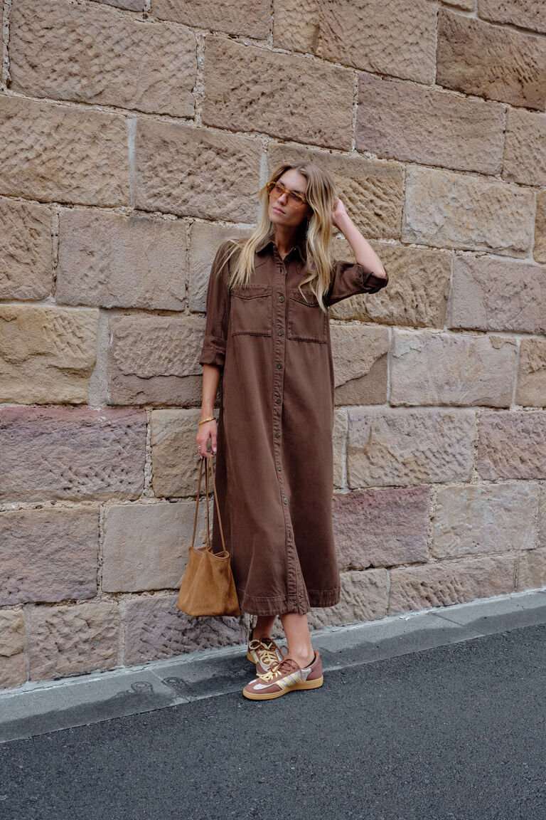 Ceres Life Rae Long Sleeve Midi Denim Dress - Chocolate