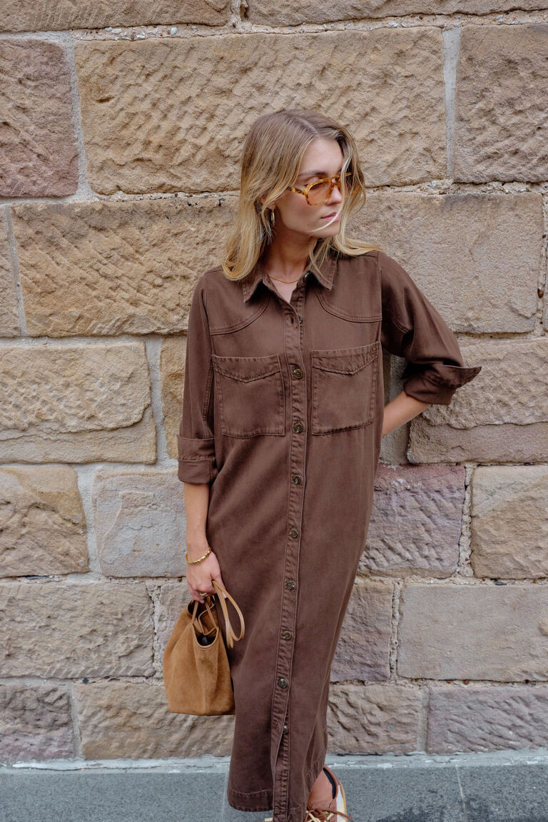Ceres Life Rae Long Sleeve Midi Denim Dress - Chocolate
