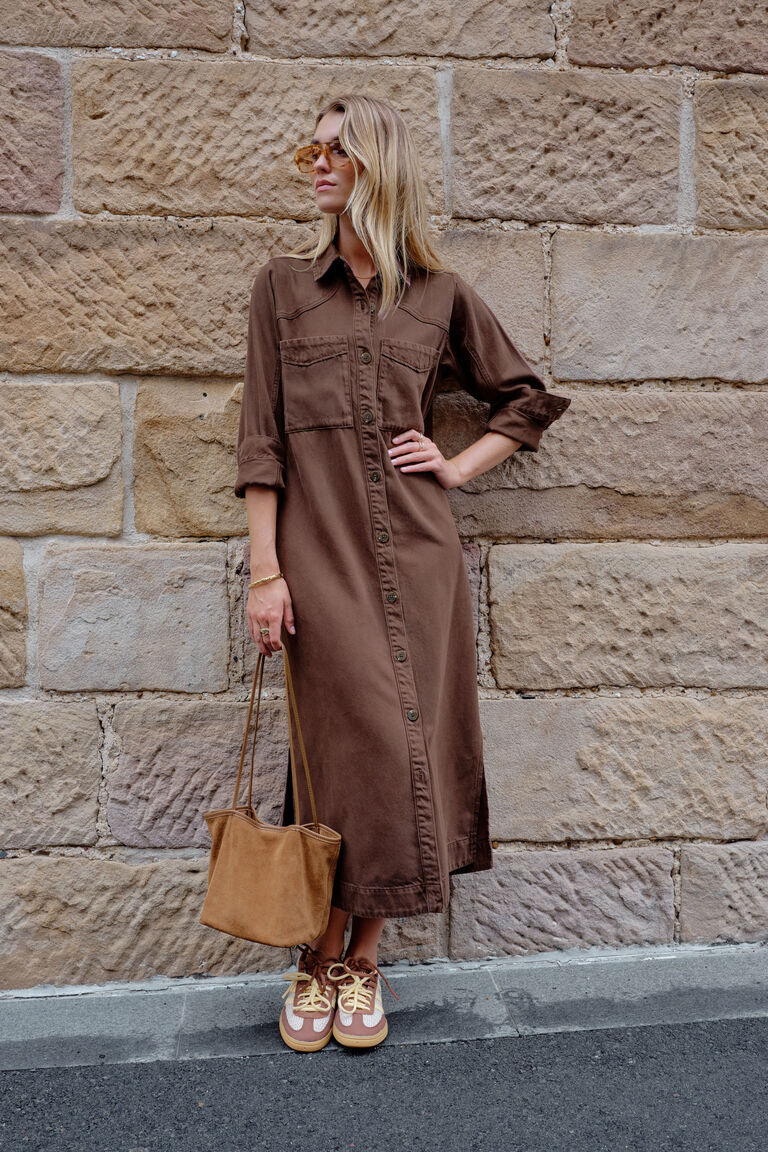 Ceres Life Rae Long Sleeve Midi Denim Dress - Chocolate