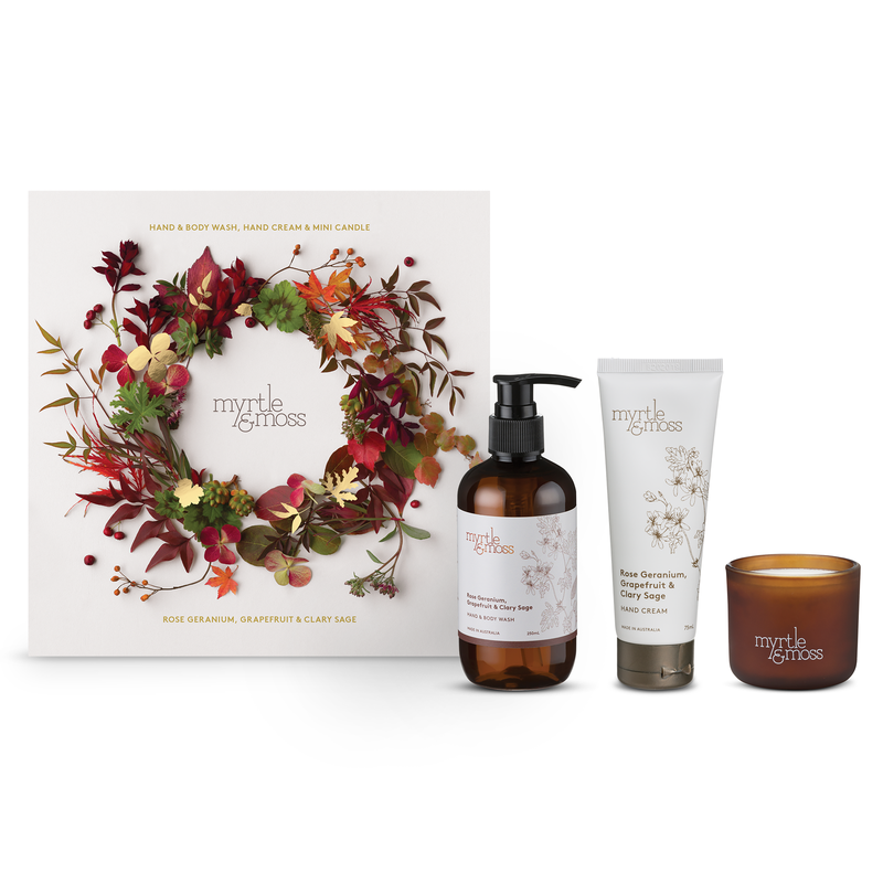Myrtle & Moss Christmas Trio- Hand & Body Wash, Hand Cream and Mini Candle