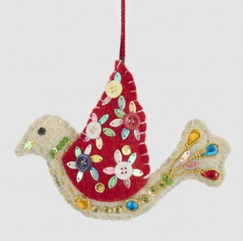 Medina Embroidered Bird Decoration - Red