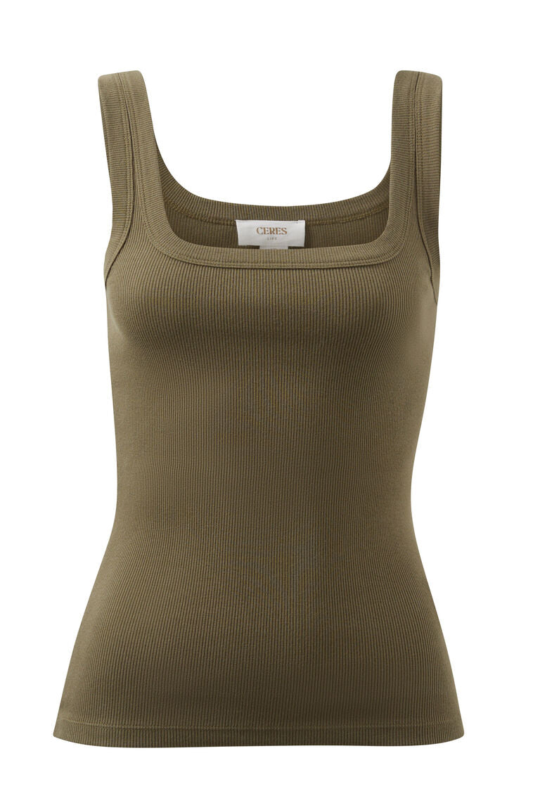 Ceres Life Organic Contour Rib Square Neck Tank - Soft Olive