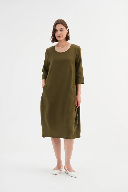 Tirelli 'Diagonal Seam Linen Dress - Dark Moss