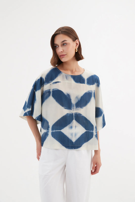 Tirelli Wide Sleeve Blouse - Blue Diamond Print