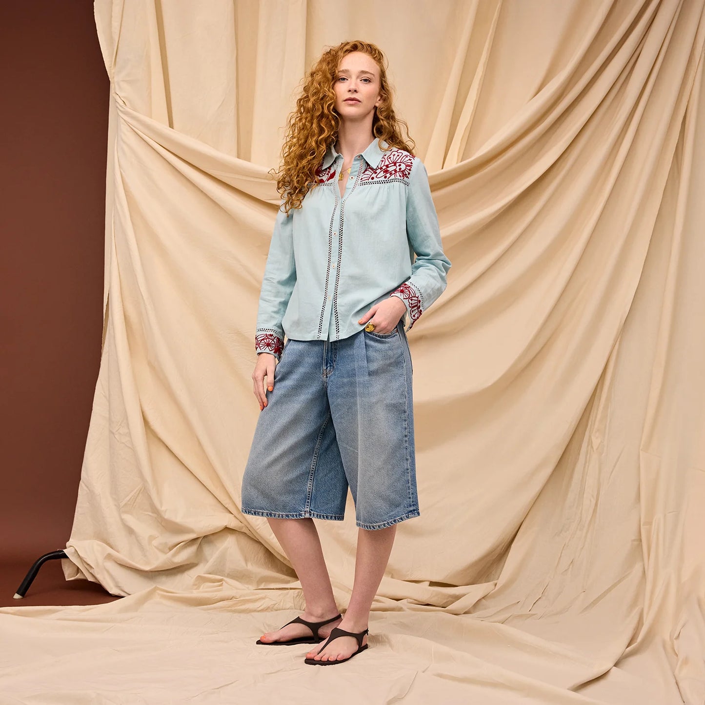 Sage x Clare - Vivianna Embroidered Shirt - Cerulean