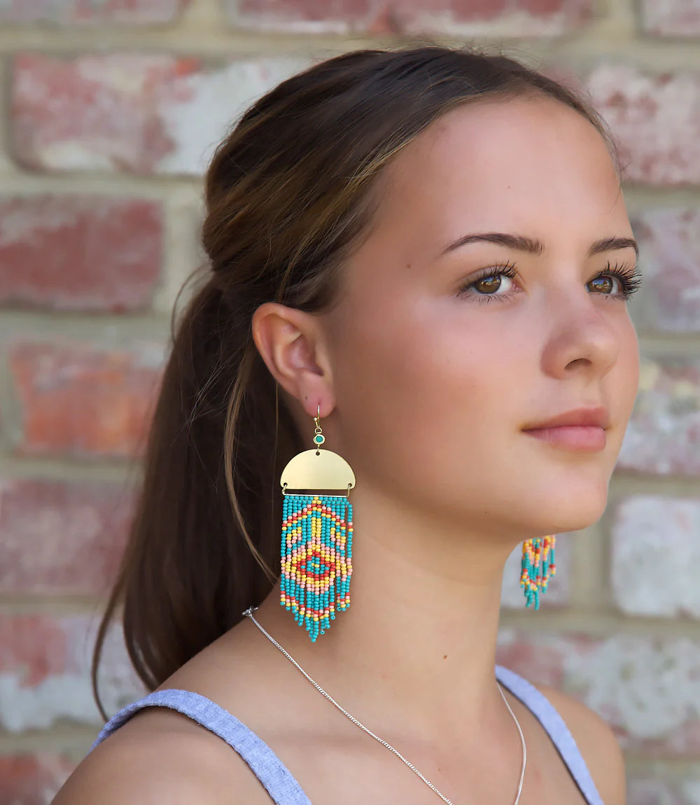 Fair Trade Wanderer Beaded Tassel Earrings - Aqua