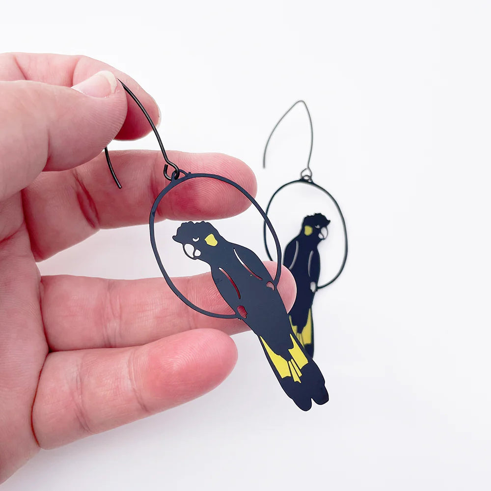 Denz Yellow Tailed Black Cockatoo Earrings