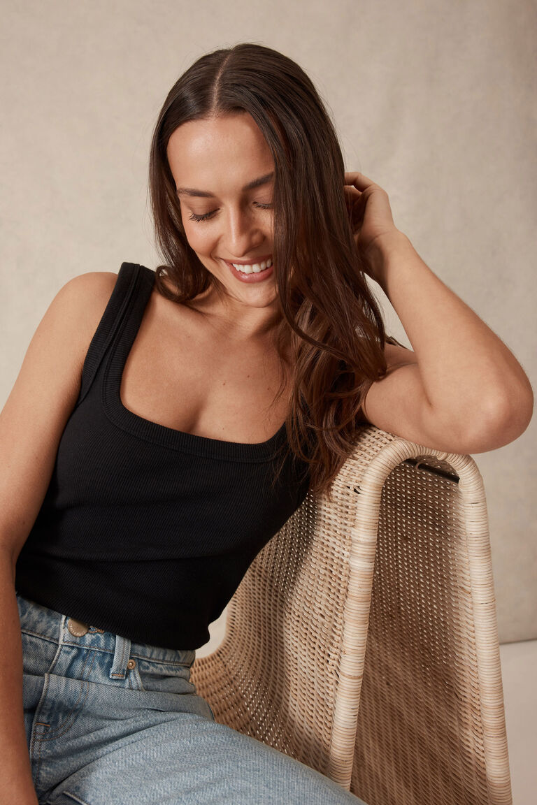 Ceres Life Organic Contour Rib Square Neck Tank - Black