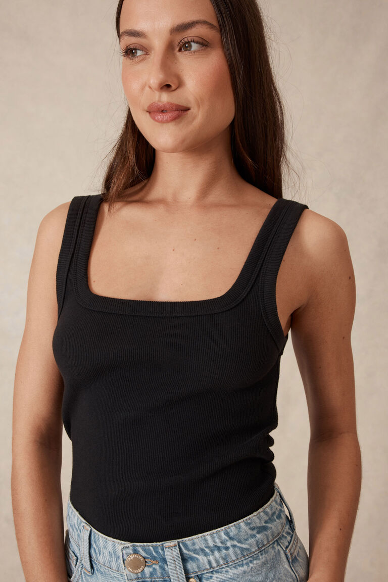 Ceres Life Organic Contour Rib Square Neck Tank - Black