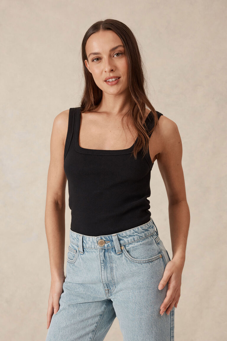 Ceres Life Organic Contour Rib Square Neck Tank - Black