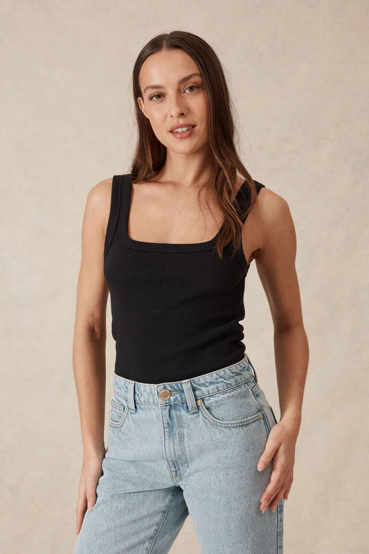 Ceres Life Organic Contour Rib Square Neck Tank - Black