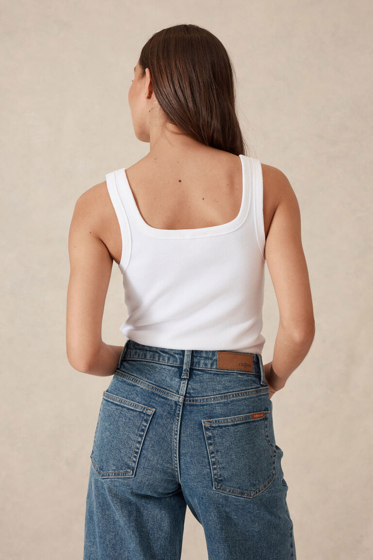 Ceres Life Organic Contour Rib Square Neck Tank - White