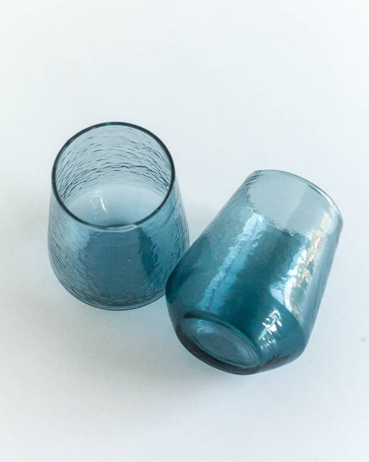 Handblown Hammered Glass Water Tumbler -  Blue