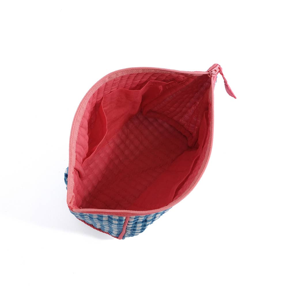 Block-Printed Gingham Pouch - Blue