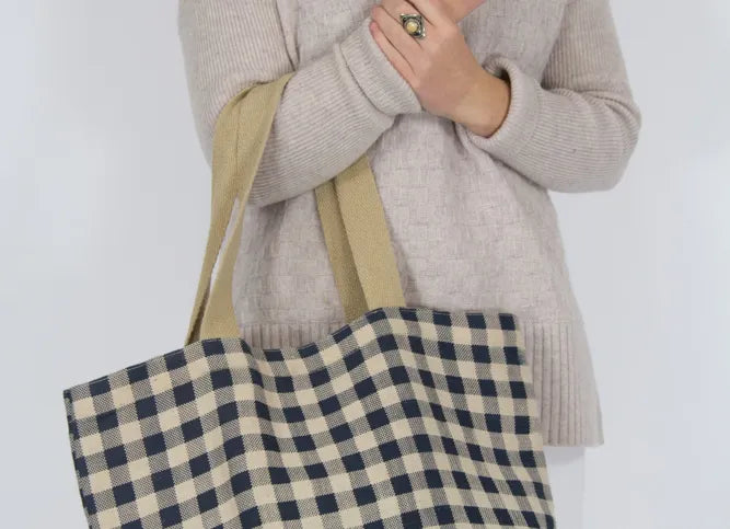 Jute Shopping Tote - Navy Gingham