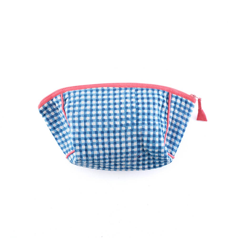 Block-Printed Gingham Pouch - Blue