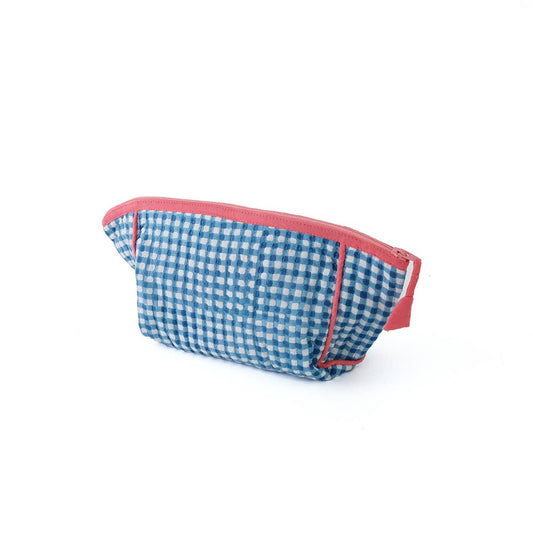 Block-Printed Gingham Pouch - Blue