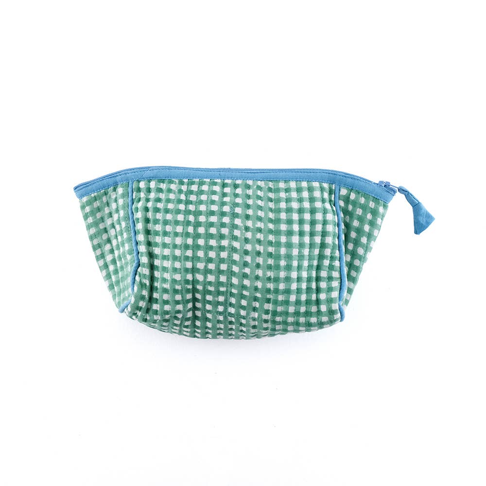 Block-Printed Gingham Pouch - Green