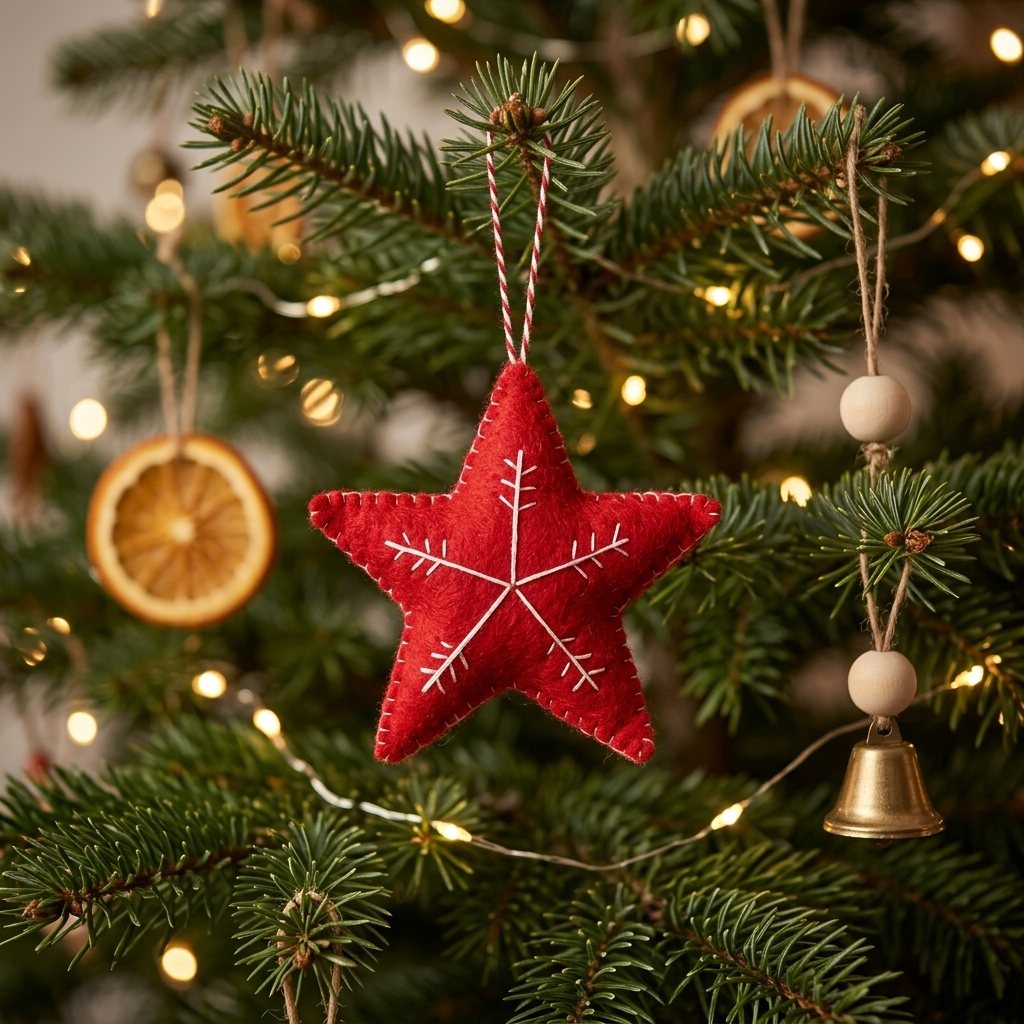 Red Star with White Snowflake Felt Ornament