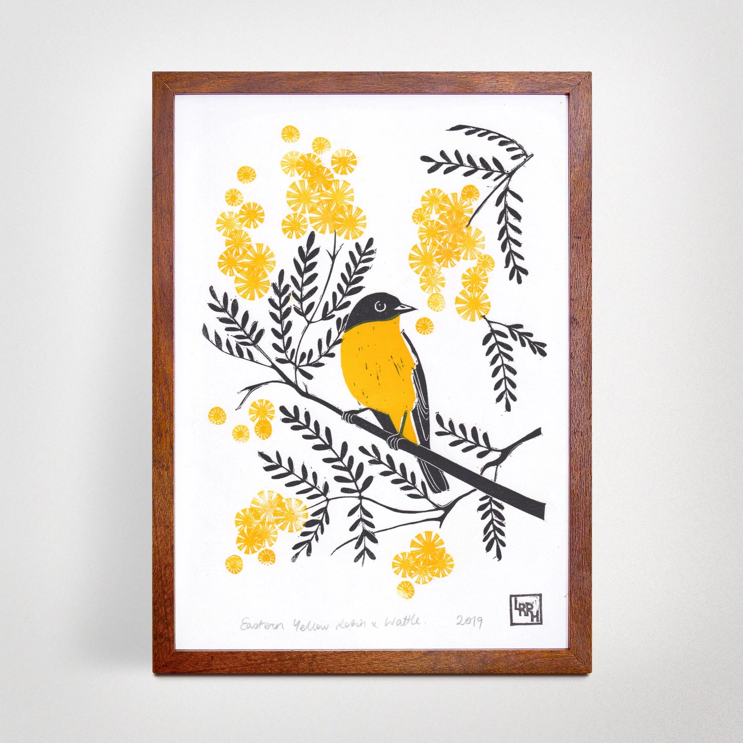 Little Rowan Red Head - Yellow Eastern Robin and Wattle Linoprint