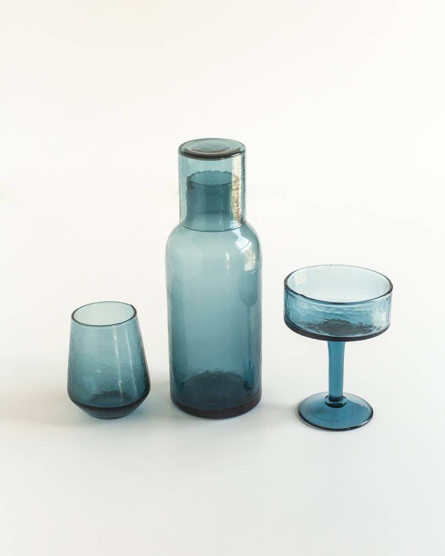 Handblown Hammered Glass Carafe: Blue