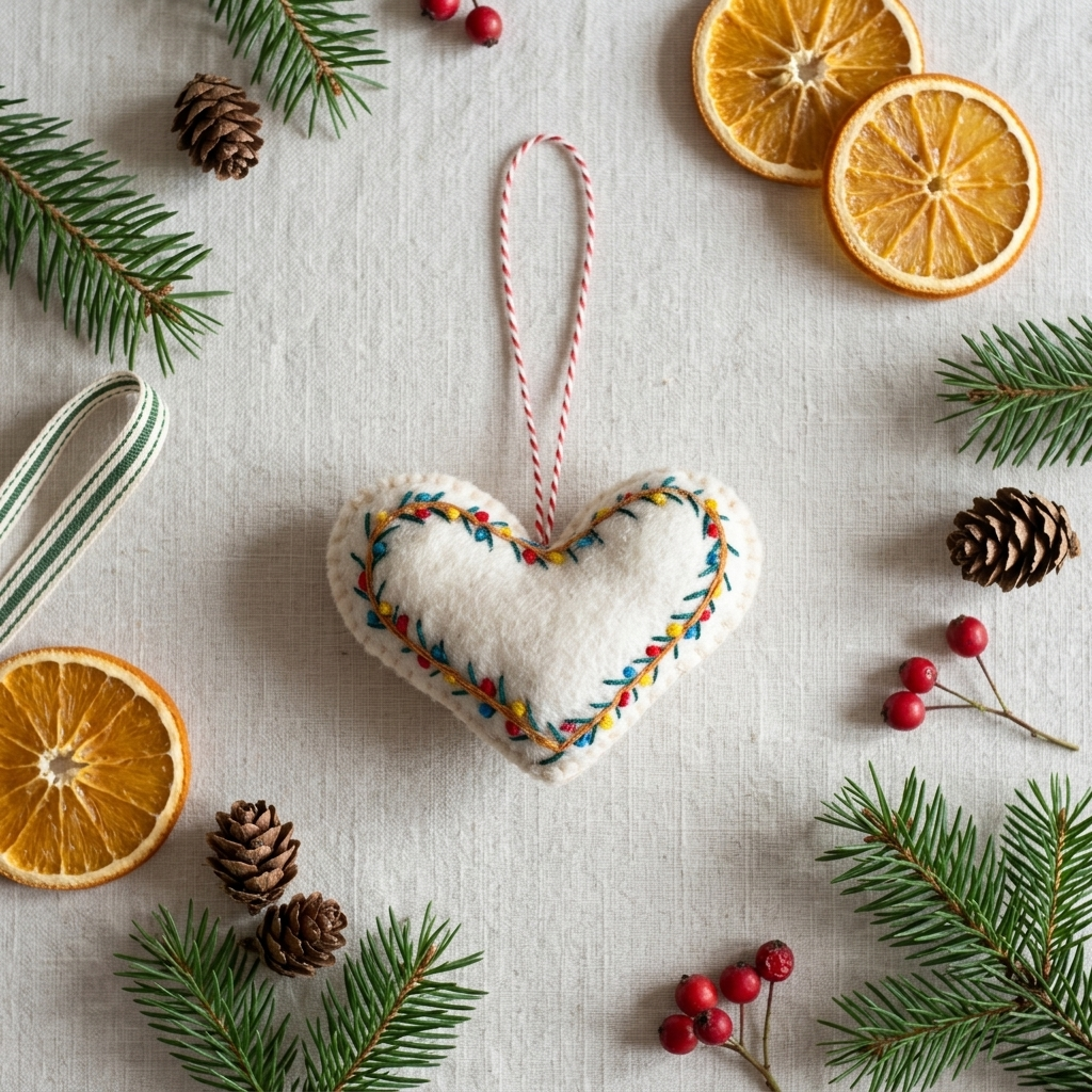 Embroidered Heart Felt Christmas Ornament