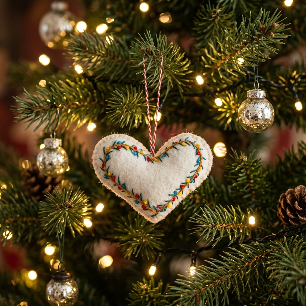 Embroidered Heart Felt Christmas Ornament