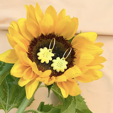 Togetherness Ceramic Mini Hoop Earrings - Lemon Yellow Flora