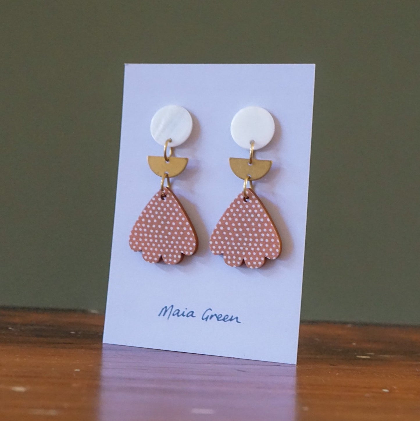 Maia Green Peach Petal Drops with Pearl and Brass