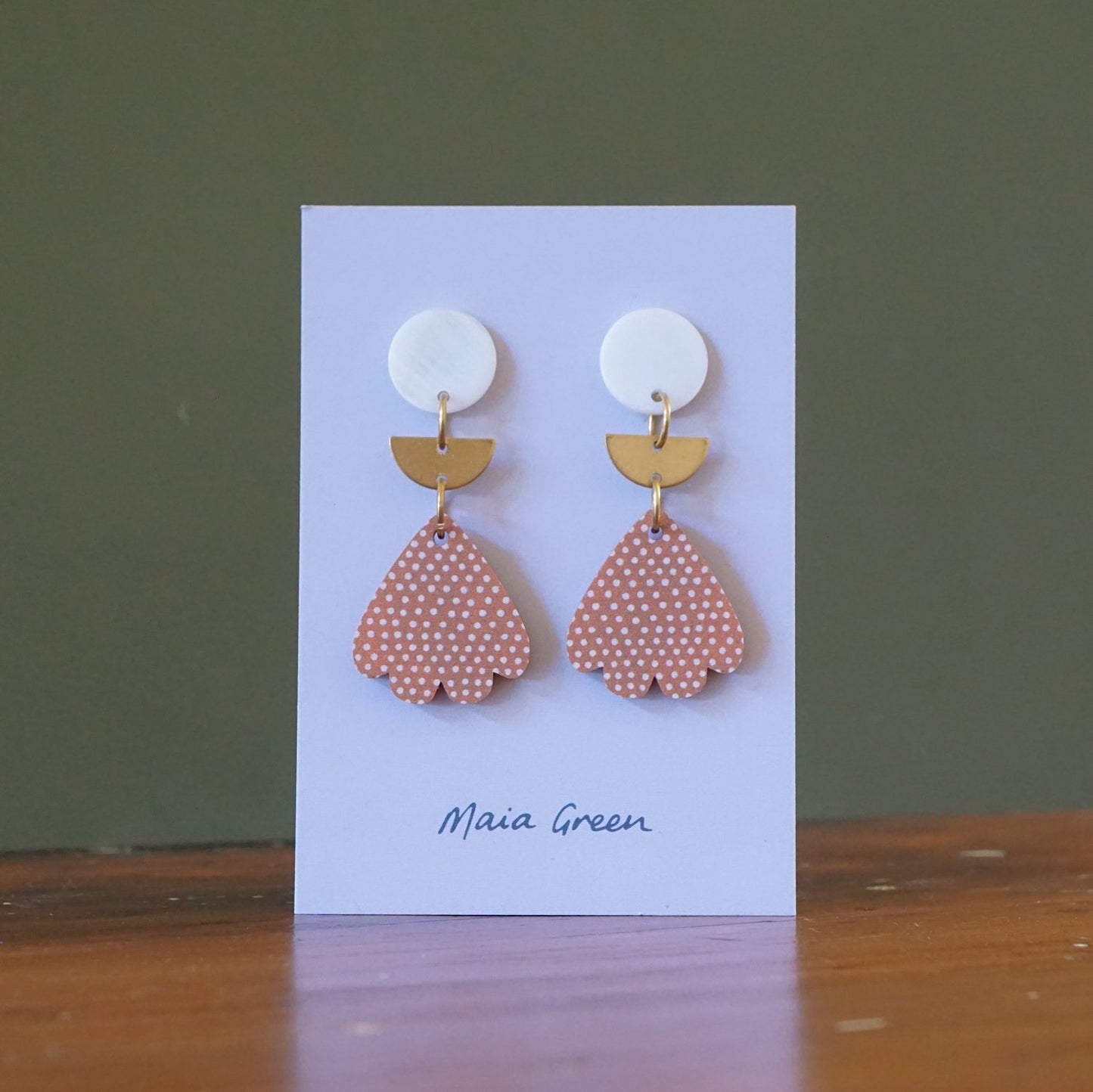 Maia Green Peach Petal Drops with Pearl and Brass