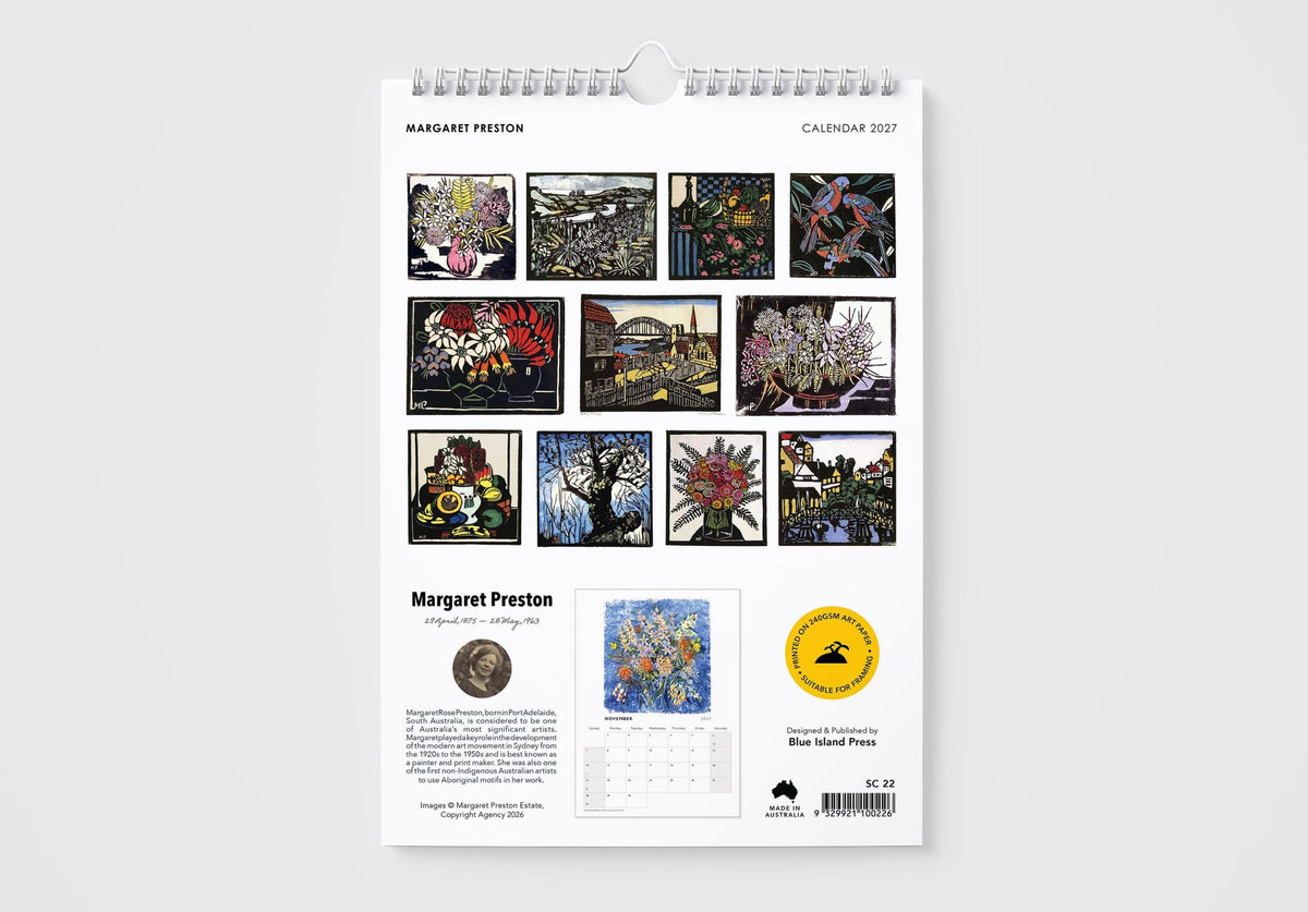 A hanging spiral-bound calendar page for Margaret Preston, showing multiple artwork panels, a small calendar inset, and printed text on a white page against a light gray background.
