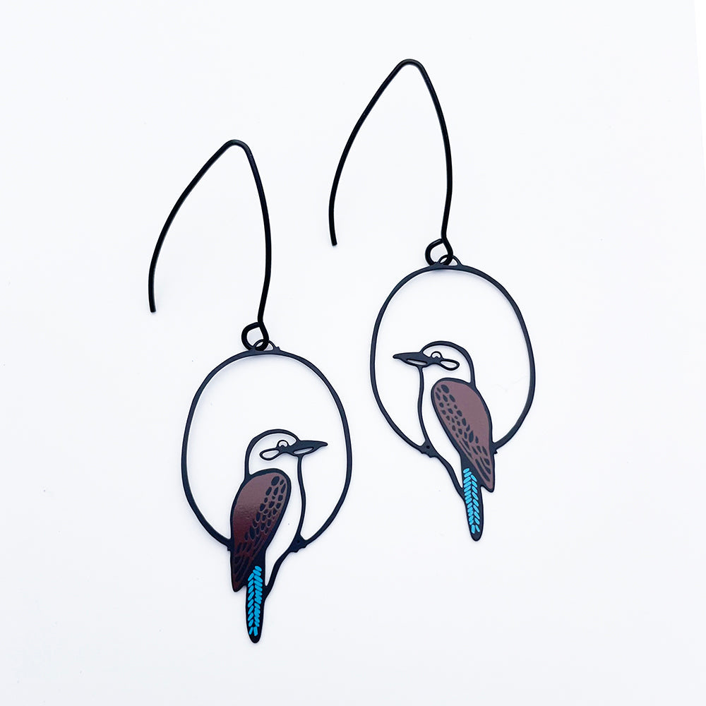 Denz Kookaburra earrings in Black, Brown & Blue