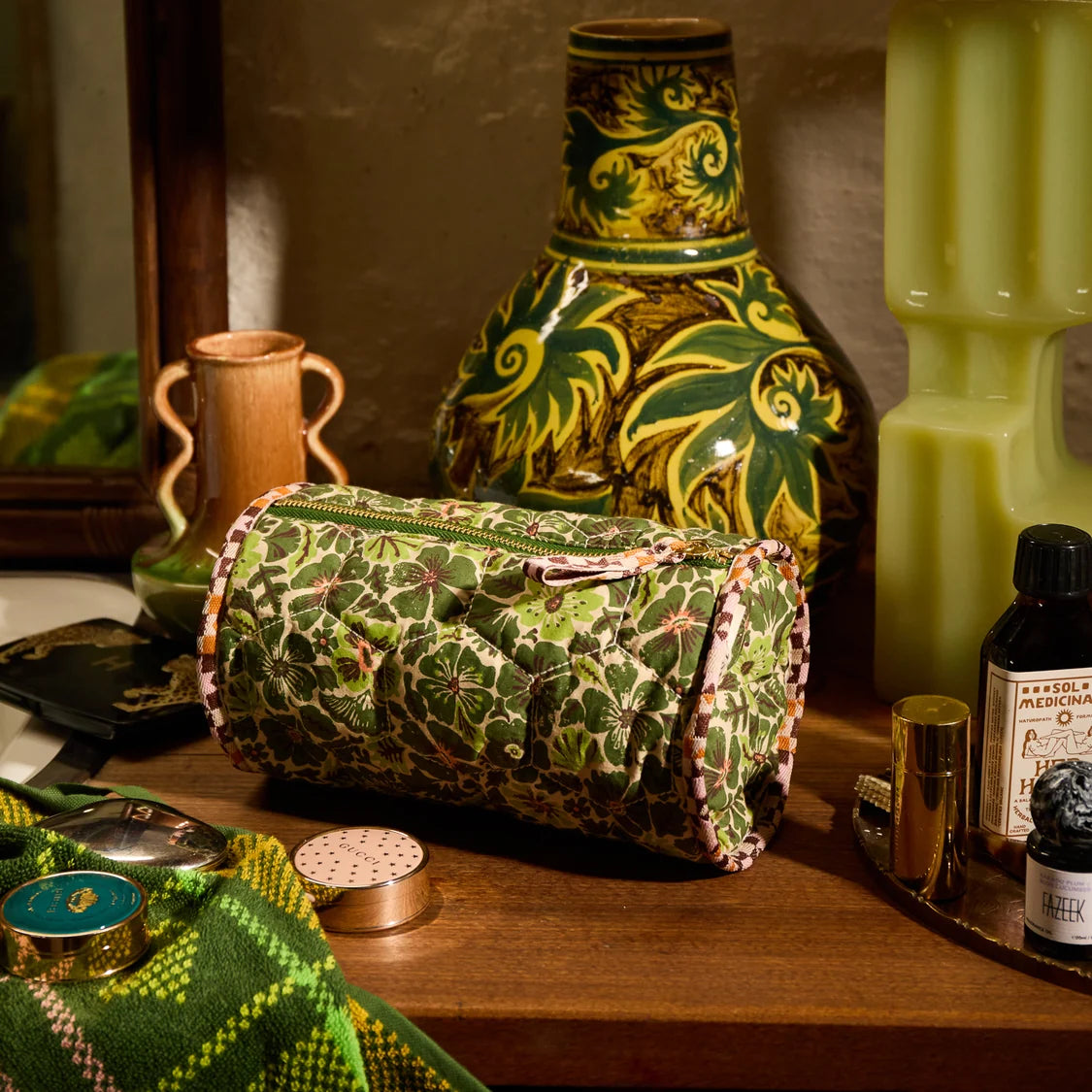 Sage and Clare Magnolia Makeup Bag - Cactus Green