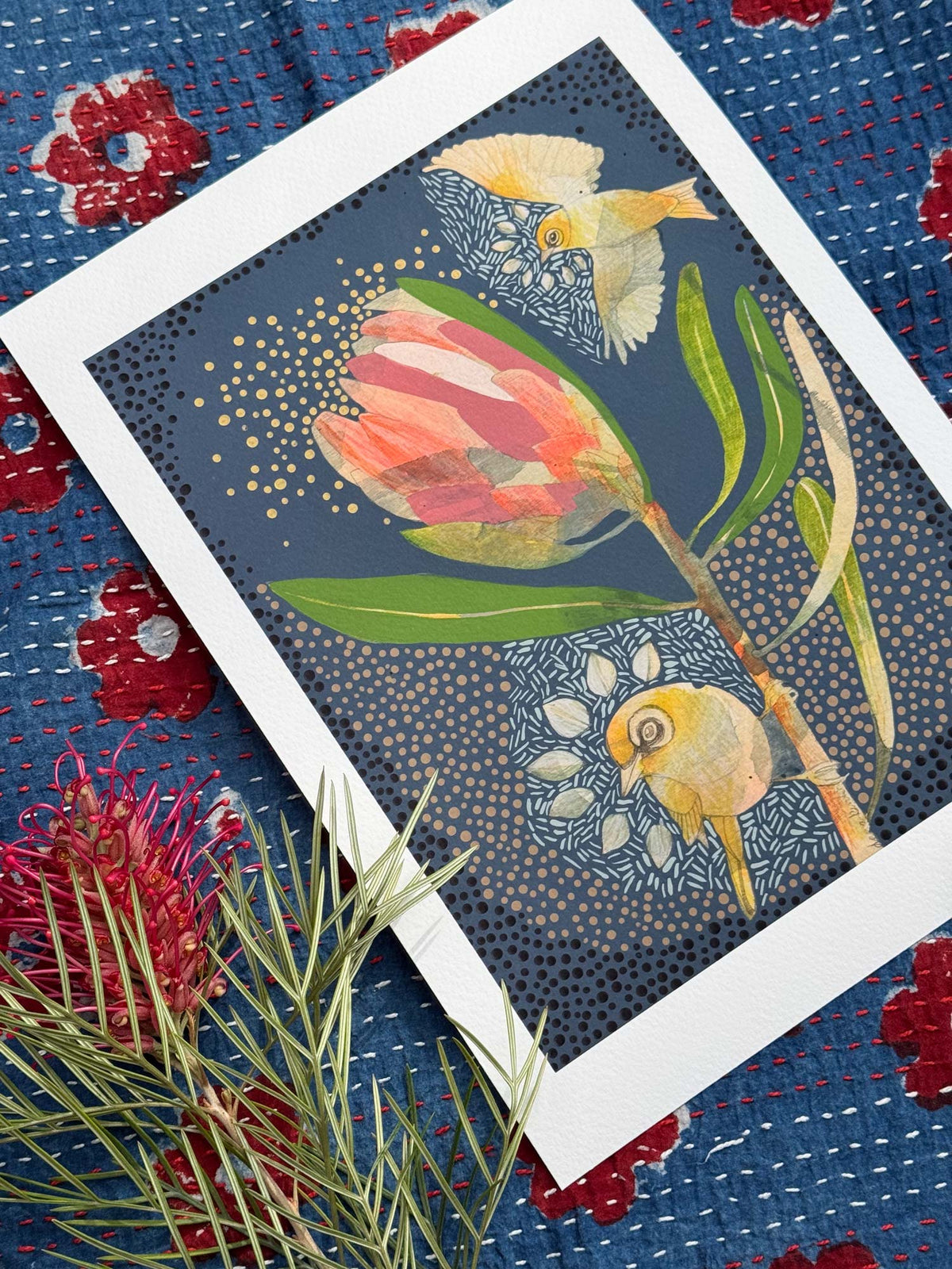 Dana Kinter "Silvereye and Pink Ice Protea" Mini Print