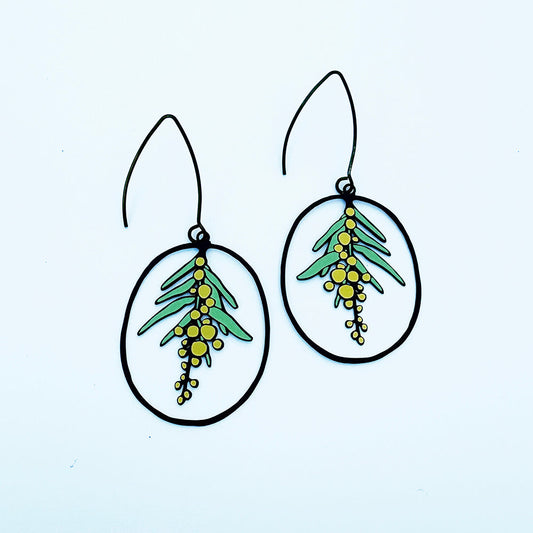 Denz Wattle Flower earrings in Yellow & Green
